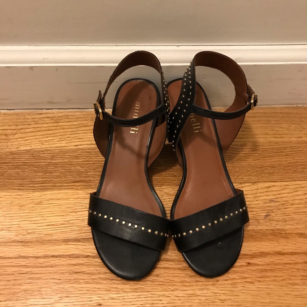 Black Leather Block Heel Sandal with Gold Studs